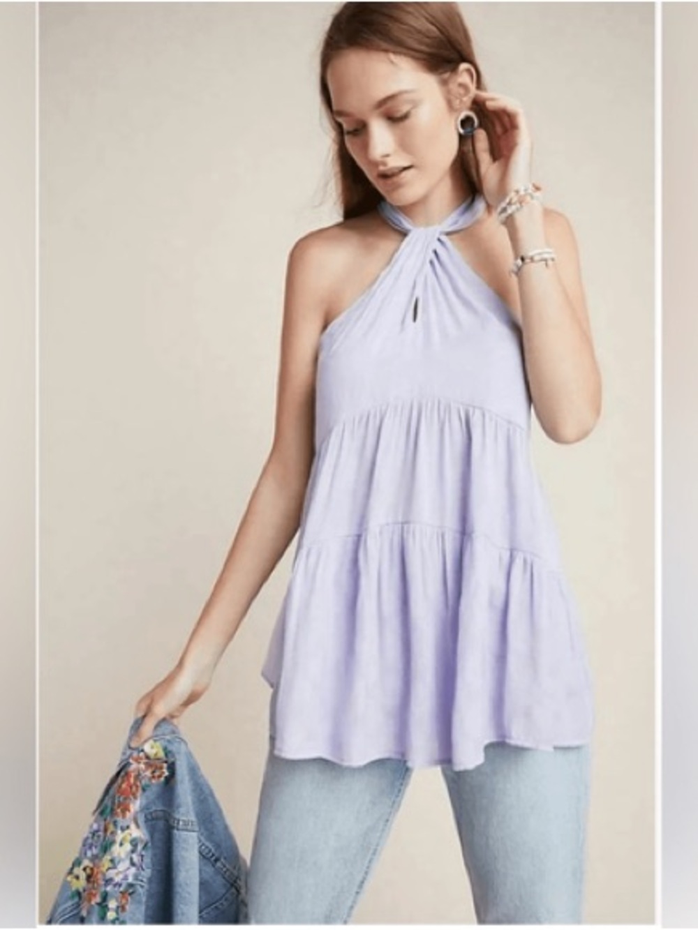 Anthropologie Livinia Halter Blouse in Lavender Tiered Tunic Top Medium